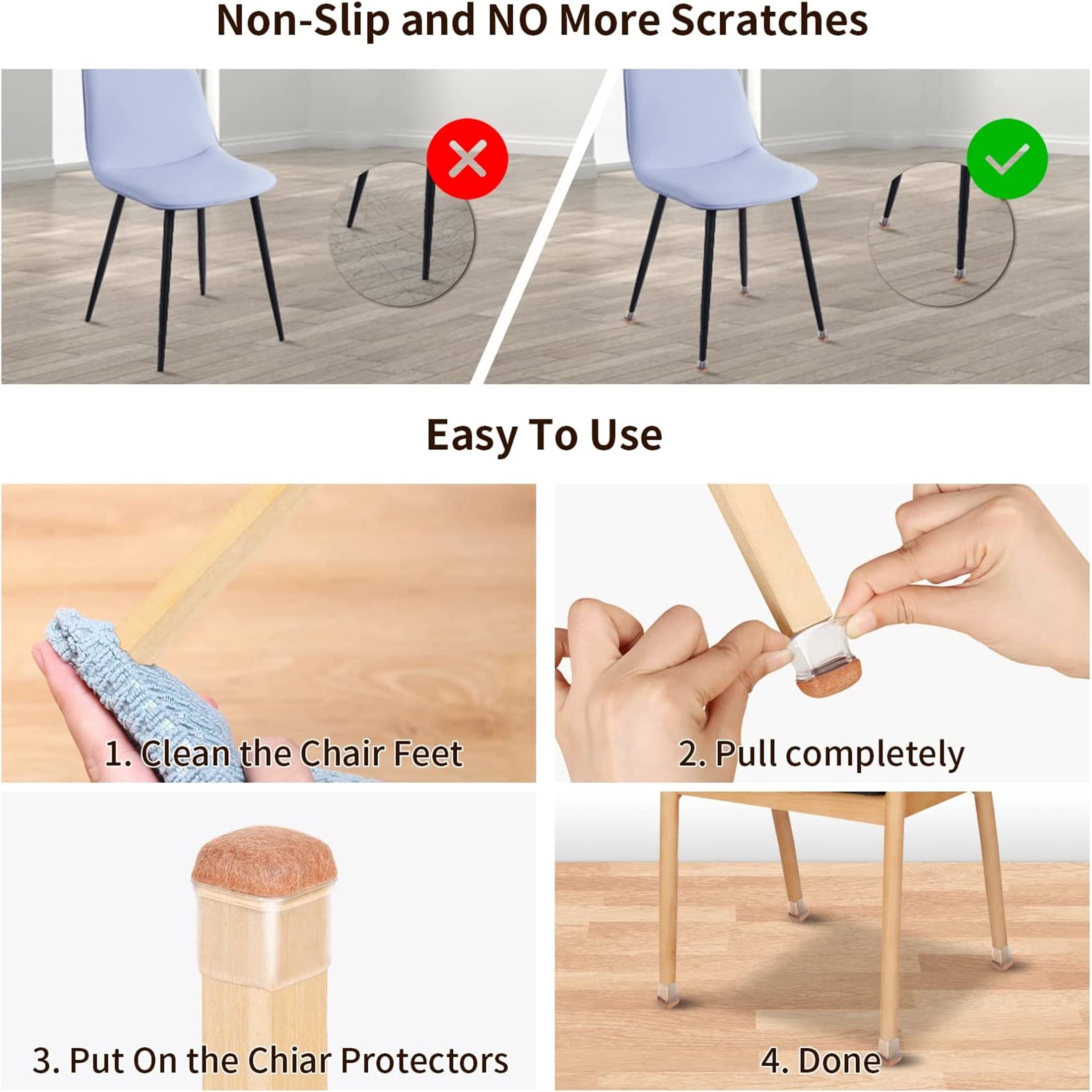 Ezprotekt Chair Leg Floor Protectors, Small Silicone Chair Leg Caps with  Felt,Chair Feet Protectors(0.75 Square, Clear)24 Pcs 
