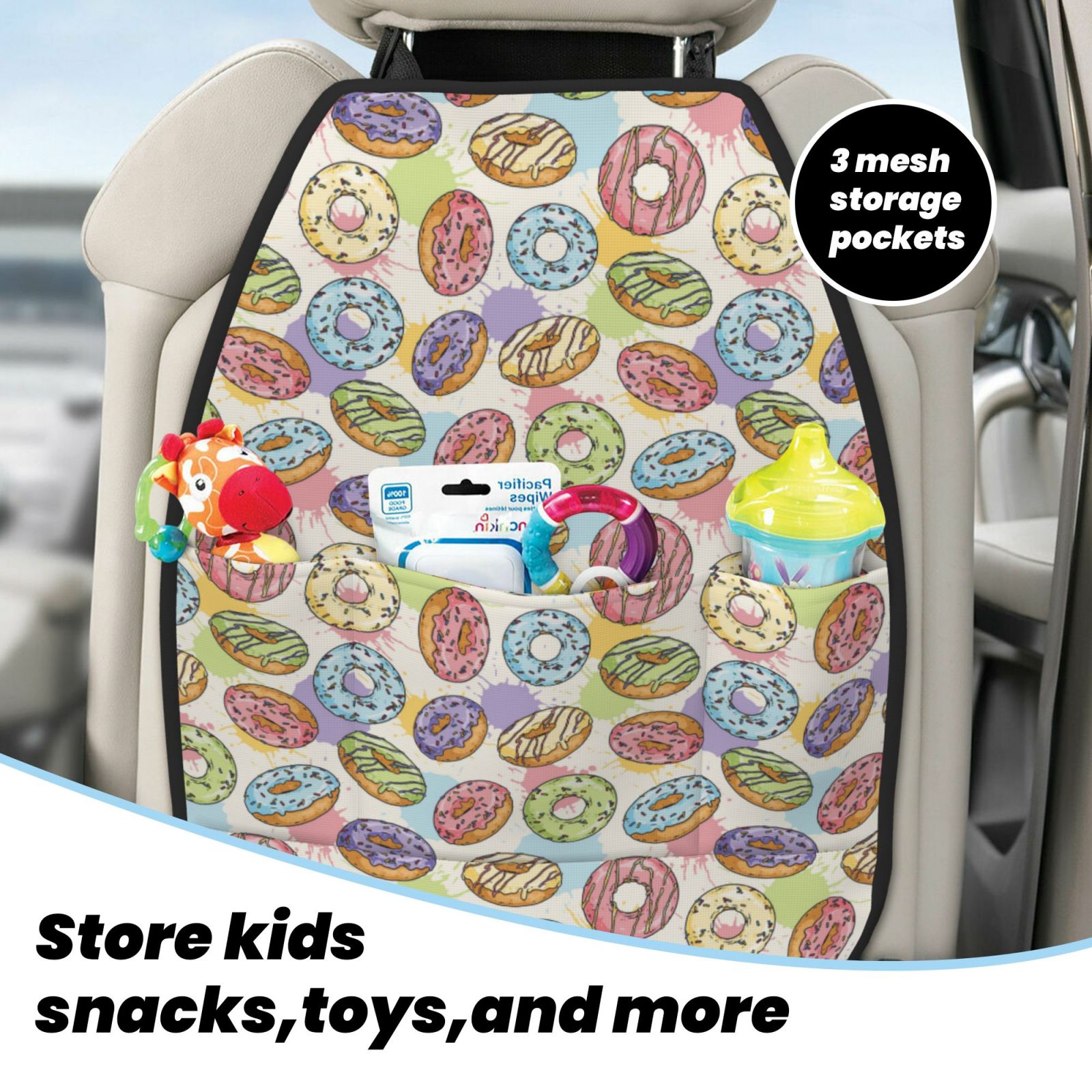 Kdxio Glazed Donuts Print 2 Pack Car Kick Mat Seat Cover Back Protector Mat with Pockets for Organizer Backseat Protector and Storage Anti Kick Pad for Vehicles