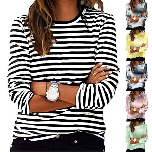Womens Striped Knit Top Long Sleeve Crew Neck Ribbed Detail Comfort Basic Tee