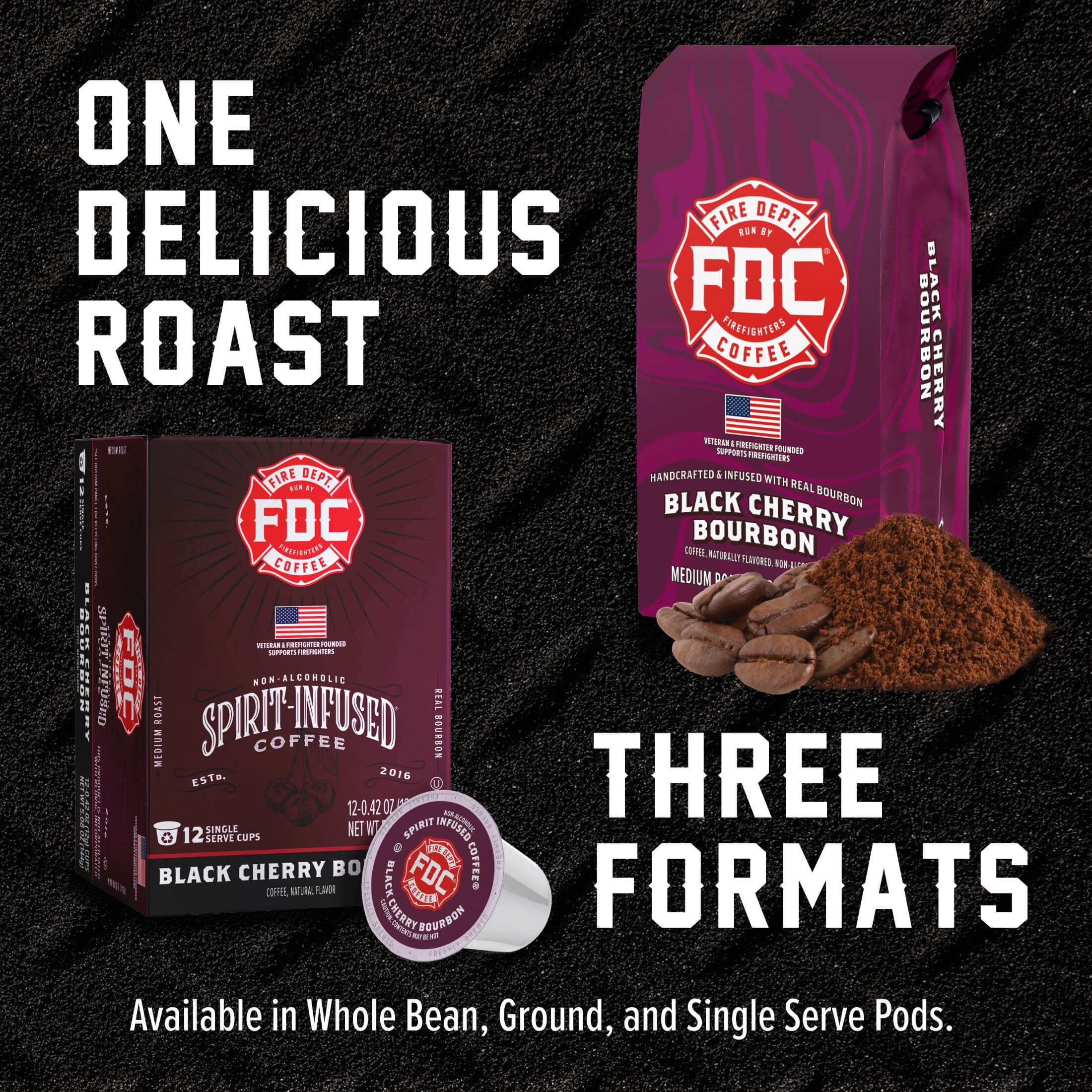 (6 pack) Fire Department Coffee, Black Cherry Bourbon Infused, Premium Ground Coffee, Medium Roast 12 oz.