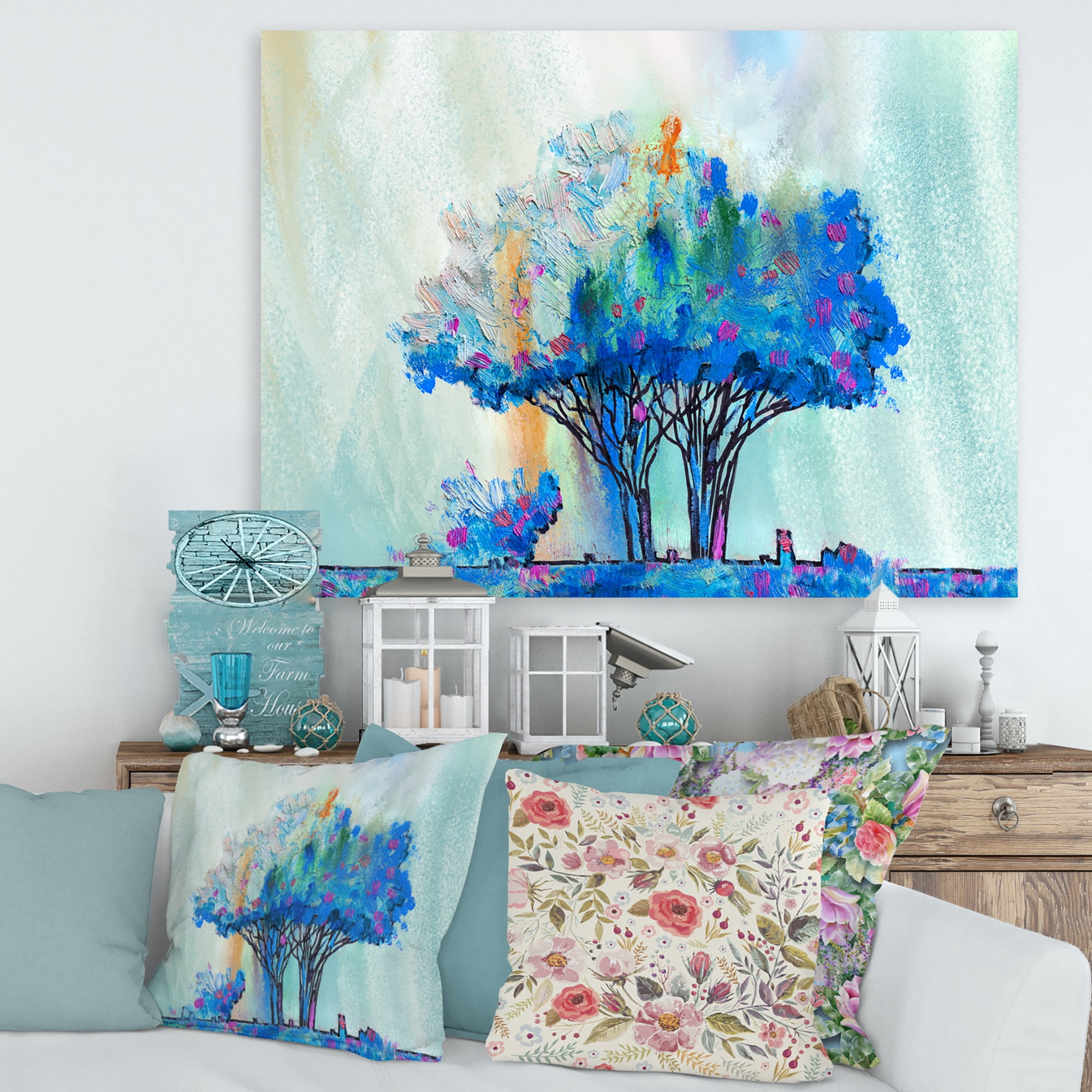 Designart ' Blue Coloured Tree Abstract Impression I ' Modern Canvas Wall Art Print