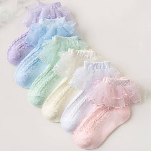 TELOLY 6 Pairs Little Girls Cotton Lace Socks Ruffle Eyelet Frilly Ankle Princess Casual Dress Socks for Infant Toddlers Kids Gift Set 1-12 Years Girls Socks 6-8 Years Old