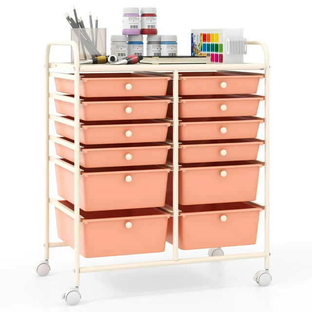 Costway 12-Drawer Rolling Storage Cart with 2 Sizes Plastic Drawers Skin Pink