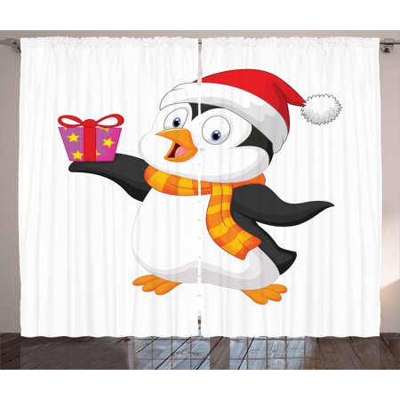 Penguin Curtain - Baby Curtains 2 Panels Set, Friendly Penguin Character with Christmas Attire Holding an Ornate Box North Pole, Window Drapes for Living Room Bedroom, 108W X 63L Inches, Multicolor, by Ambesonne