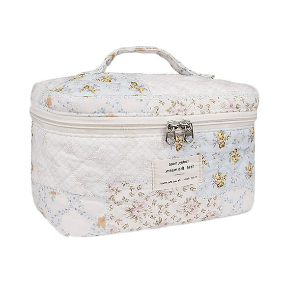 Quilted Makeup Bag Large Travel Cosmetic Organizer Cute Floral Design Washable Pouch for Women Girls