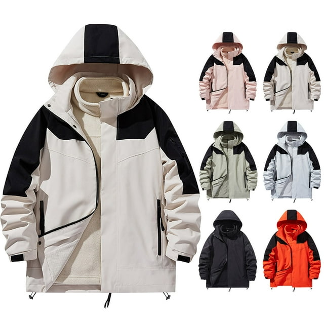 Sentmoon Men Ski Jacket Color Block Long Sleeve Drawstring Hooded Neck Men's Winter Coats Oversized Keep Warm Zipper Windbreaker Men's Clothing Fall Soft and Comfortable for Climbing and Hiking