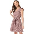 thumbnail image 1 of Vestido Allegra K de tirantes con mangas con volantes y cuadros casuales Vino Rojo S, 1 of 5