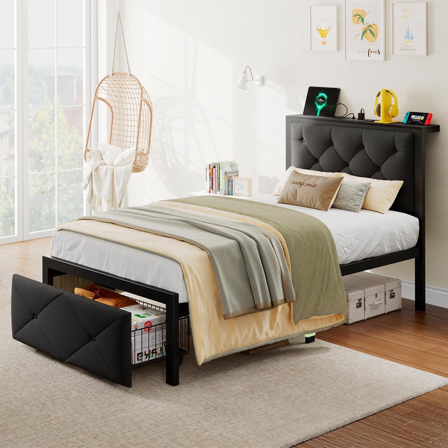 iPormis Twin Bed Frame with Storage Drawers, Linen Upholstered Headboard Platform Bed with Charging Station, No Box Spring Needed, Metal Slats Support, Noise-Free, Easy Assembly,Black