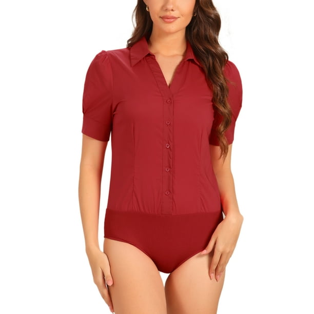 INSPIRAR CHIC Camiseta de Trabajo de Manga Corta con Botones para Mujeres, Mono de Talla XL, Rojo