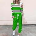 thumbnail image 2 of Two Piece Outfits for Women, Long Sleeve Striped Crewneck Pullover Tops and Drawstring Pants Sweatsuits Loungewear Set with Pockets Two Piece Knit Loungewear S-26 Green M, 2 of 5
