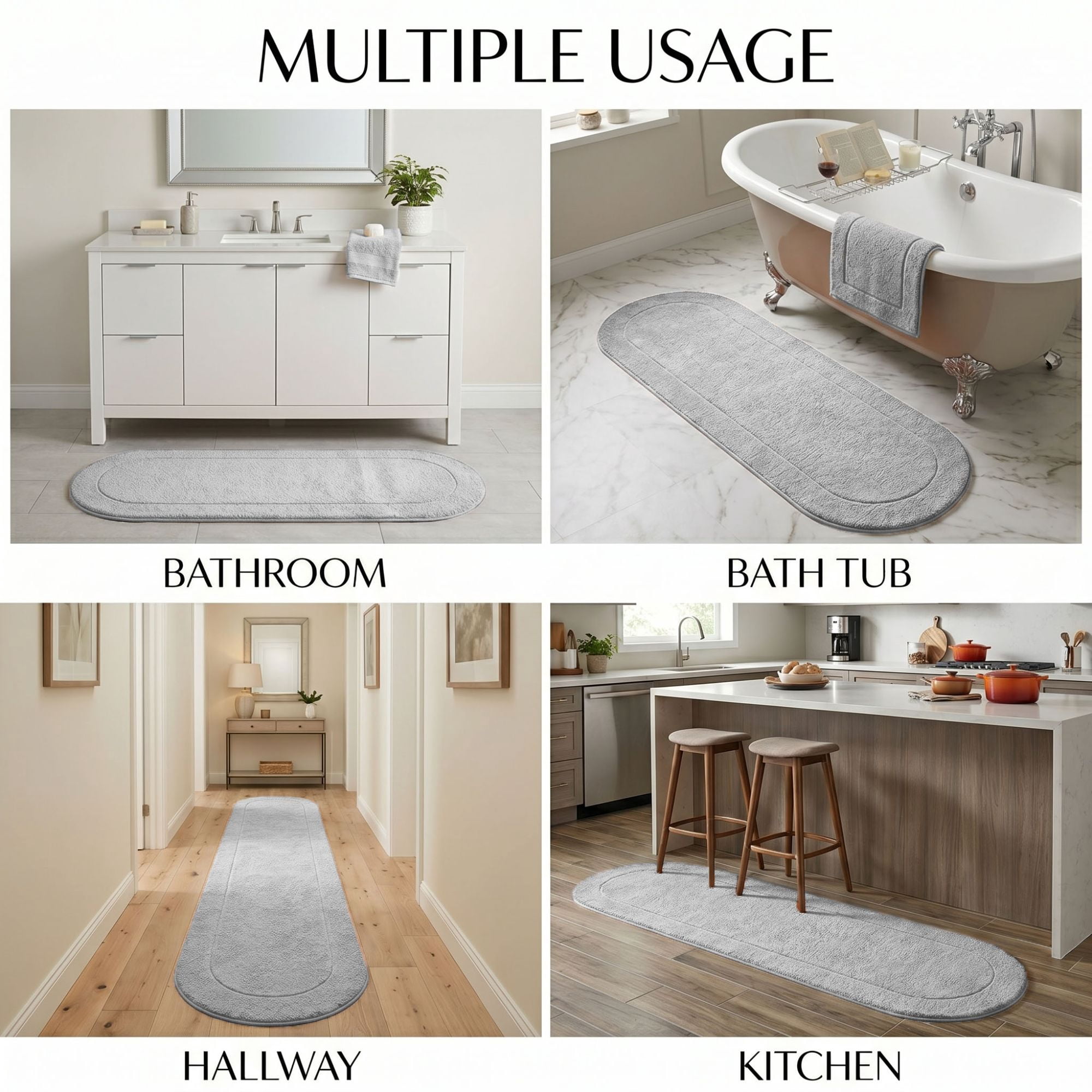 Superior Oval Bordered Cotton Washable Non-Slip Bath Rug, Runner Size, Silver