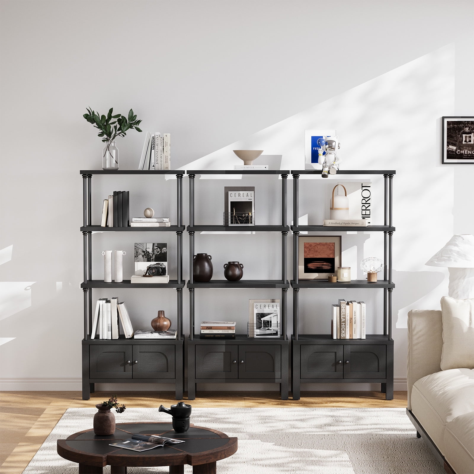 Furnibear Bookshelf with 2 Doors 55 Inches Tall 4 Tier Storage Shelf with Cabinet,Modern Open Bookcase for Living Room or Home Office,Black