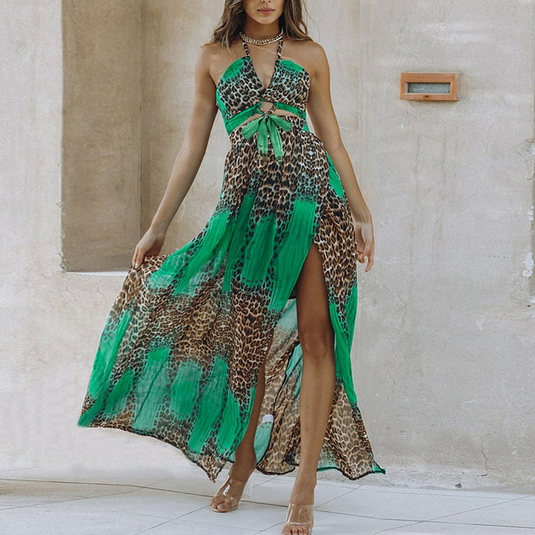 Sexy Bohemian Leopard Backless V Neck A Line Dresses Sexy Bohemian Leopard Backless V Neck A Line Dresses