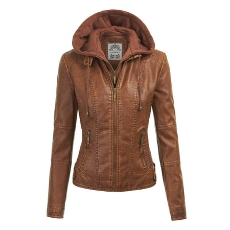 Via Spiga Leather Coat - MBJ WJC1044 Womens Faux Leather Quilted Motorcycle Jacket with Hoodie S CAMEL