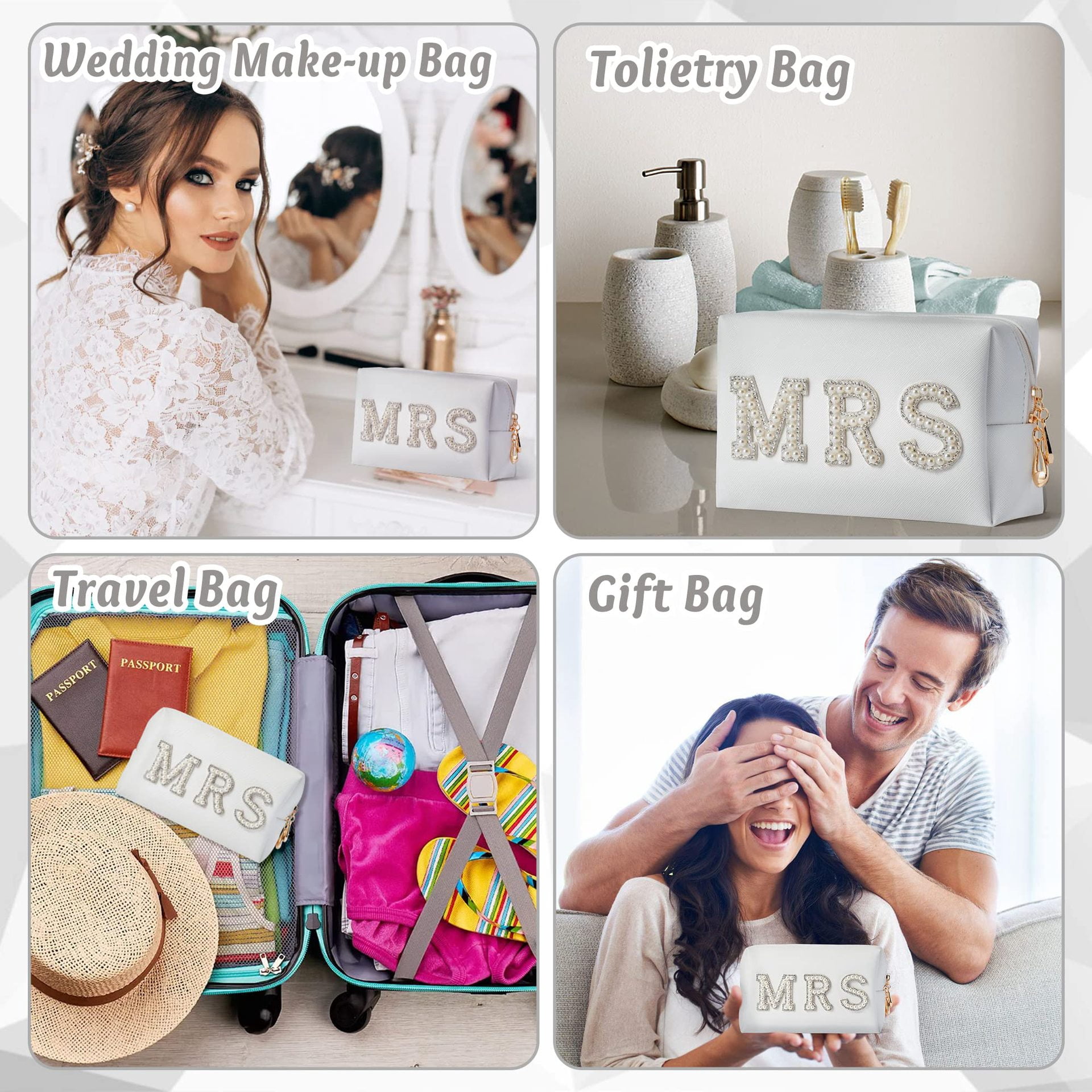 Luxury Pearl Rhinestone Bride Makeup Bag White PU Leather Bridal Travel Toiletry