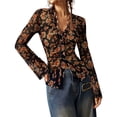 thumbnail image 3 of Camisas Abotonadas para Mujer, Estilo Boho, con Cuello en V, Larga, Fruncidas, de , Ajustadas, con Estampado Floral Negro S, 3 of 9