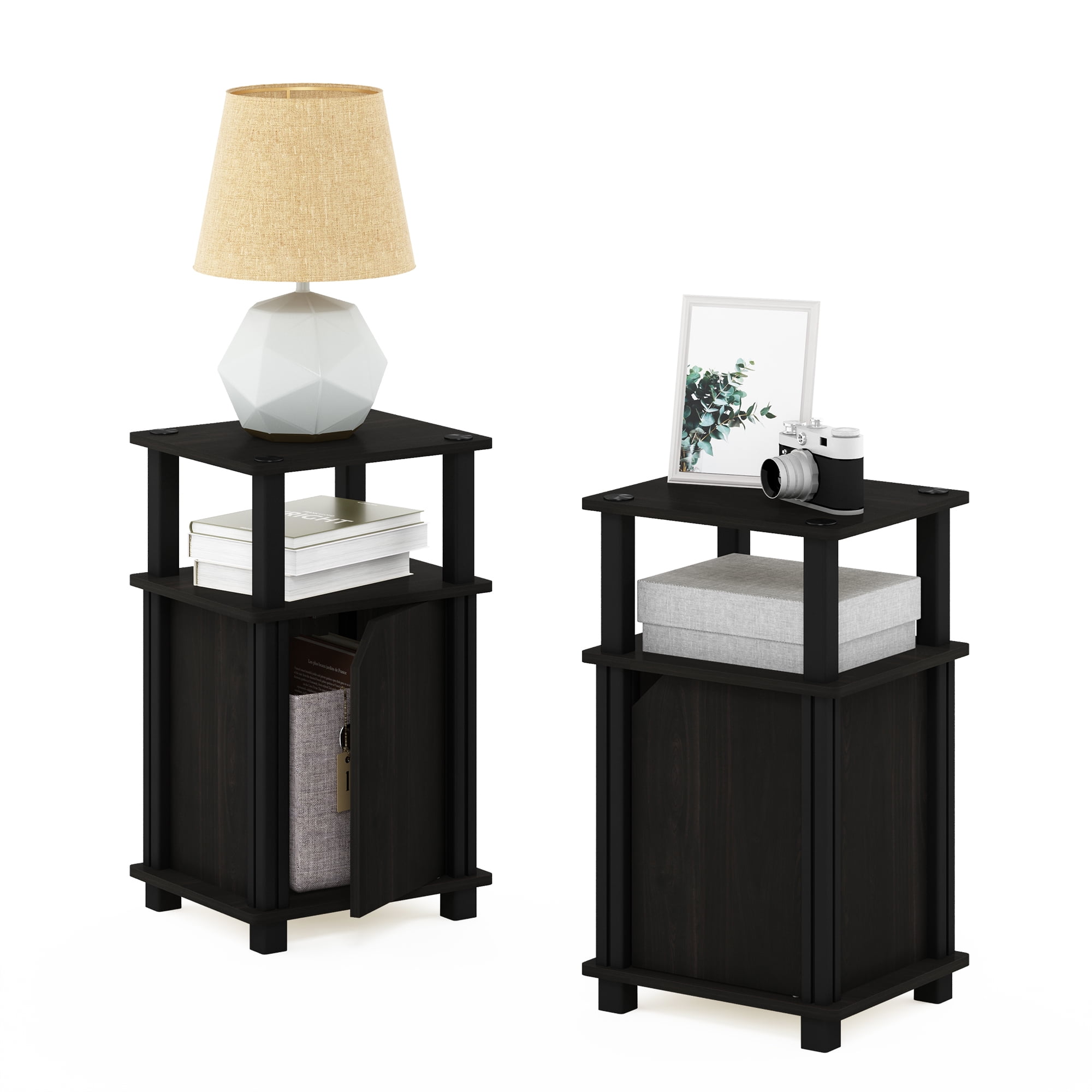 Furinno Brahms 3-Tier End Table with Door Set of 2, Espresso, Black