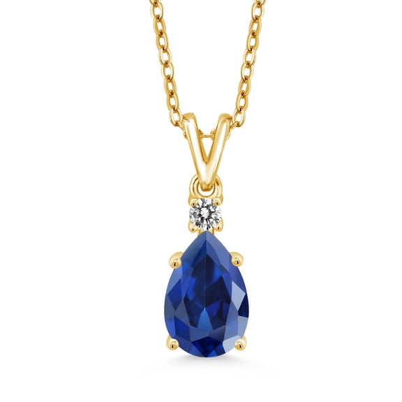 Gem Stone King 18K Yellow Gold Plated Silver Blue Created Sapphire and White Diamond Pendant Necklace for Women (2.17 Cttw, Pear Shape 10X7MM, with 18 inch Chain)