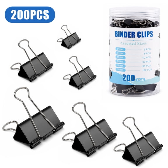 TARNIQOZ Binder Clips, 200 Pack Assorted Sizes, 6 Sizes Black Binder Paper Clips for Office Supplies, Home, Business Document Organizing