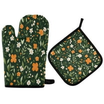 Yayeee Oven Mitts and Pot Holder Set of 2 Heat Resistant Kitchen Gloves Baking Hot Pad, Orange Flowers