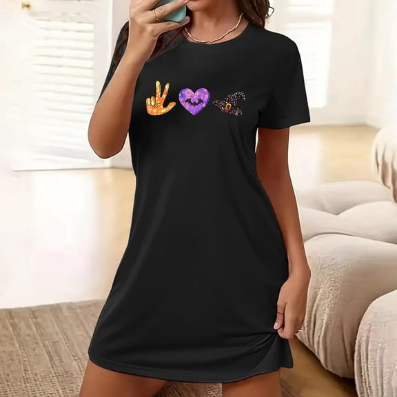 Sakmal Oversized Womens Moomoo Nightgown Black Playful Cloud-Like Halloween House Dress Graphic Short Sleeve Crew Neck Short Nightgowns S-2XL