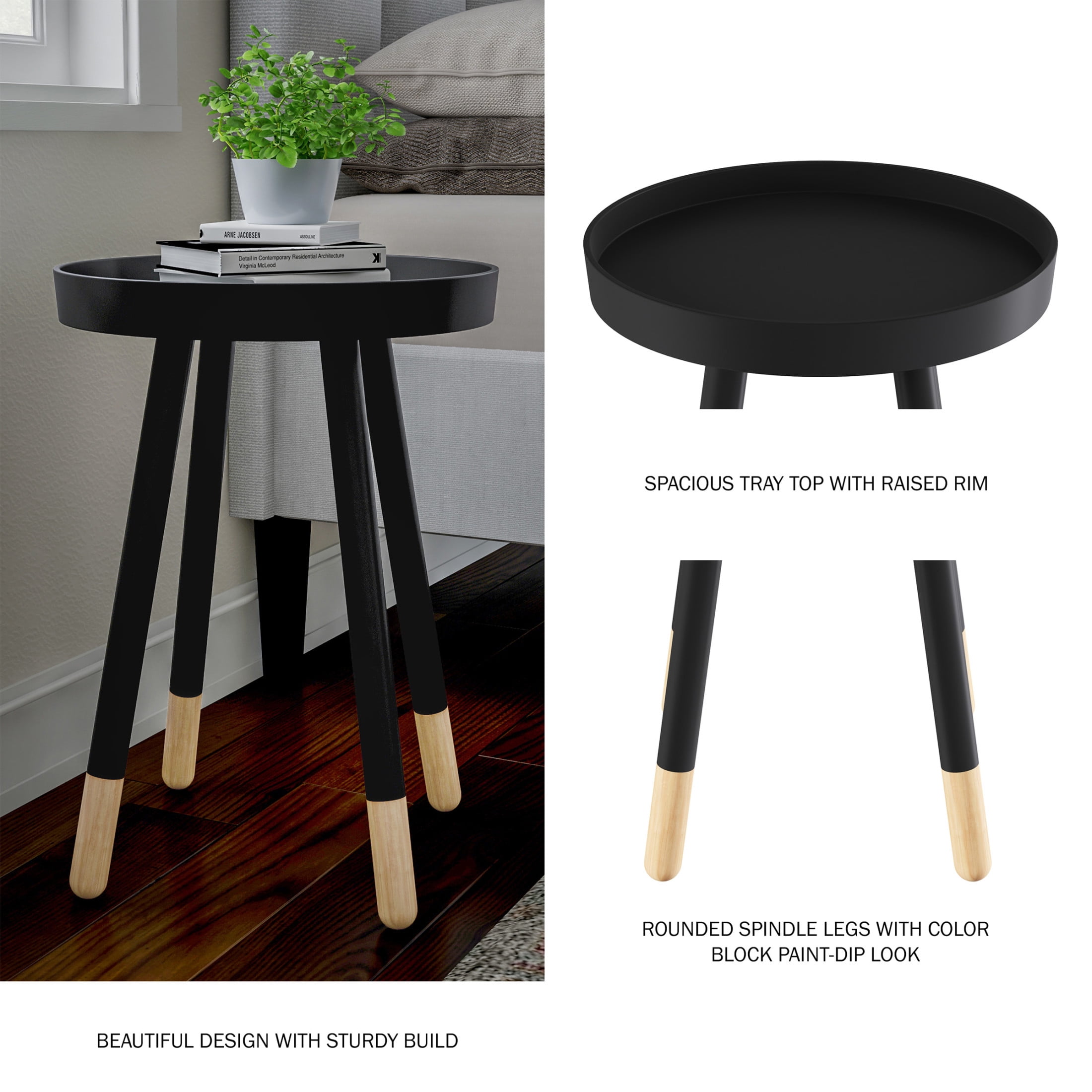 Lavish Home Round Side Table – Modern Wooden Stand with Tray Top, Black