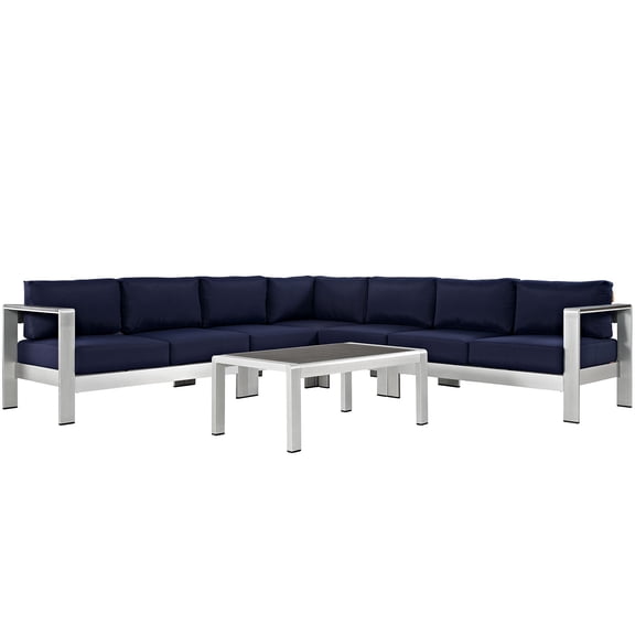 Modern Contemporary Urban Design Outdoor Patio Balcony Six PCS Sectional Sofa Set, Navy Blue, Aluminum