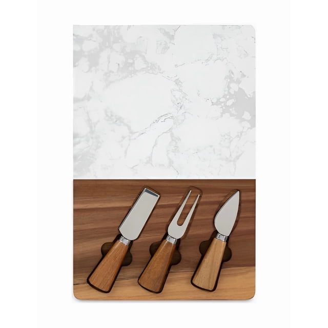 Tabla Xtellar de Madera Y Mármol + Cuchillos Picar Queso color blanco