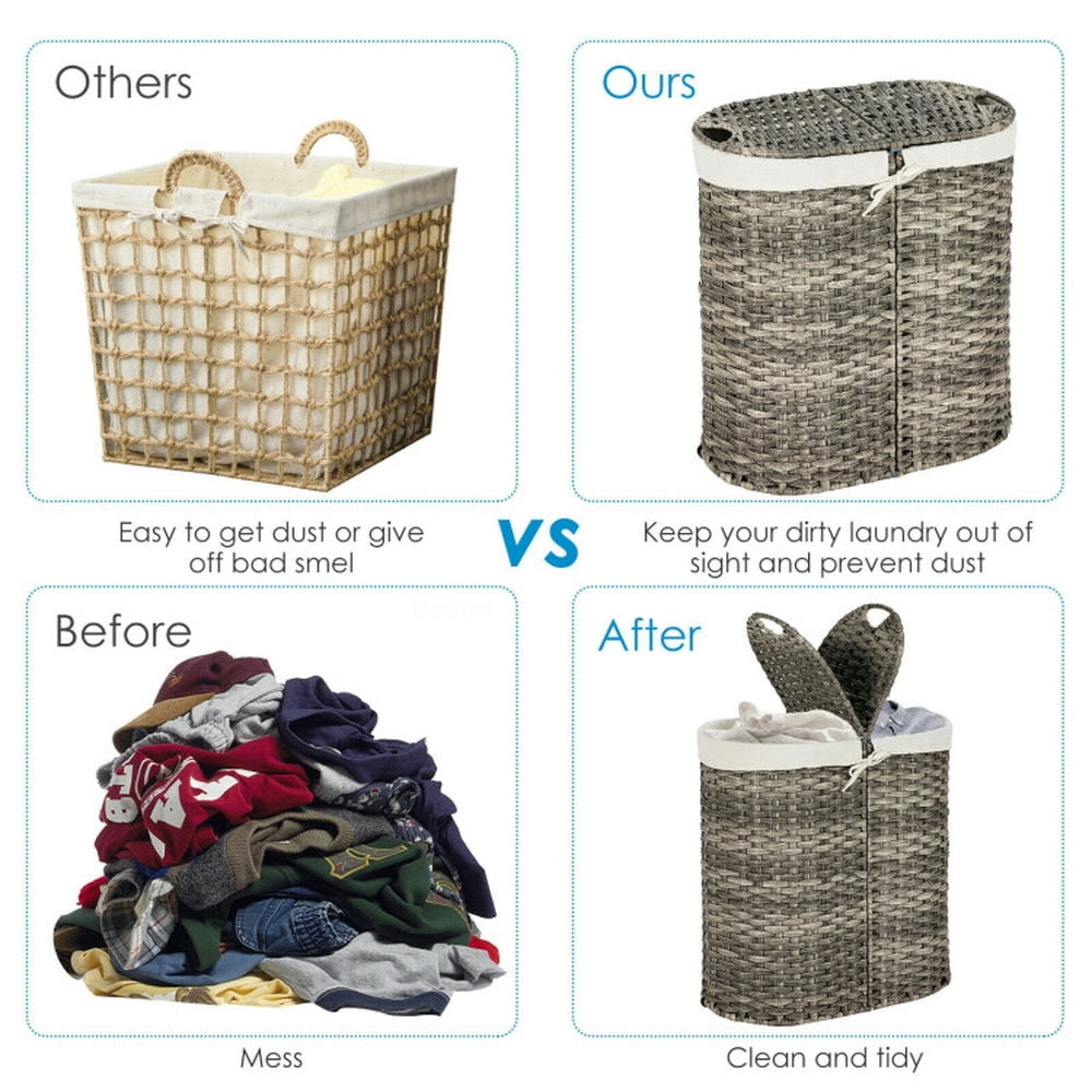 Finihen Laundry Hamper, Laundry Basket, Handwoven Laundry Hamper Basket with 2 Removable Liner Bags, for Bathroom, laundry Room, Gray Finihen Laundry Hamper, Laundry Basket, Handwoven Laundry Hamper Basket with 2 Removable Liner Bags, for Bathroom, laundry Room, Gray
