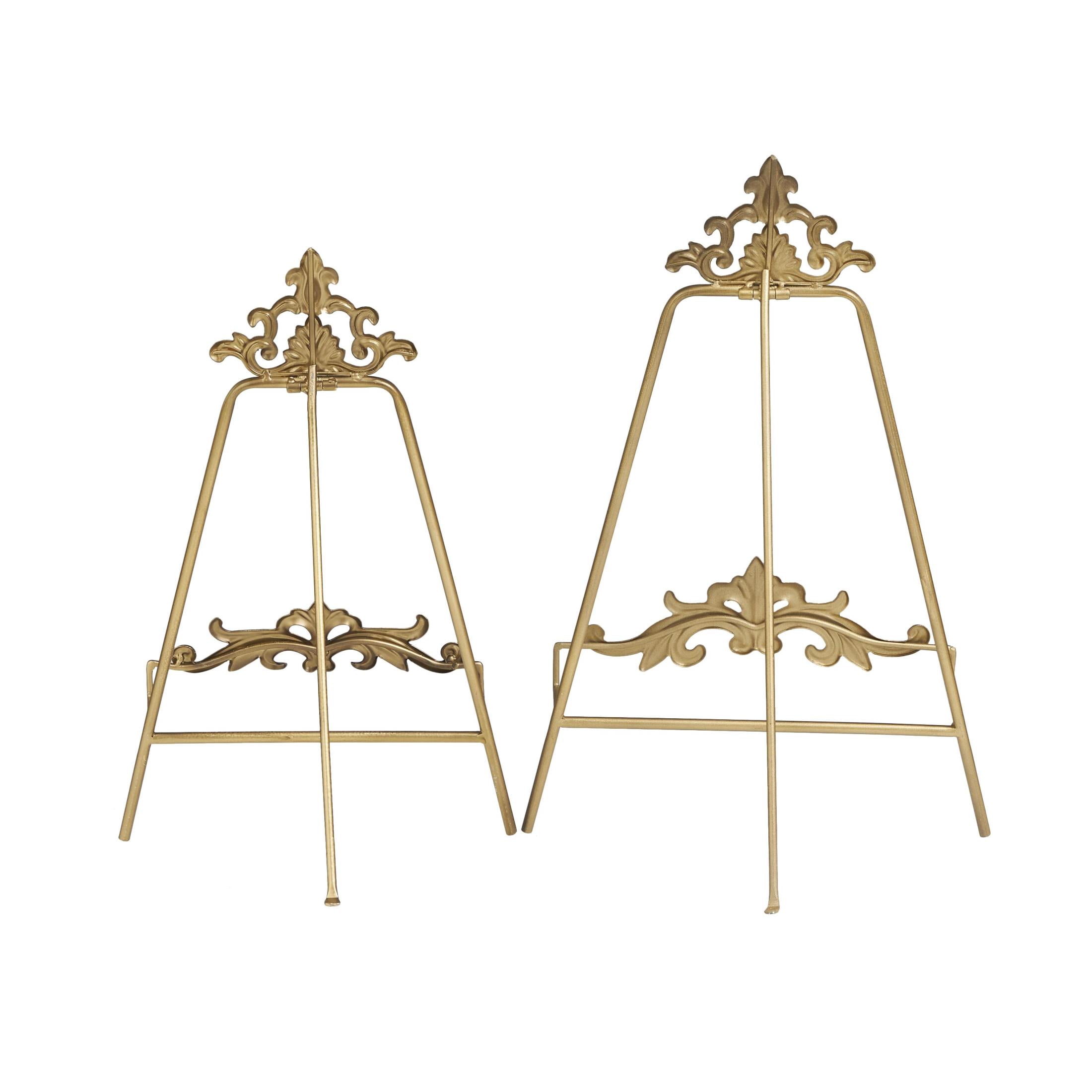 DecMode 16", 14"H Gold Metal Ornate Tabletop Arabesque Fleur De Lis Easel with Scroll Finial, 2-Pieces