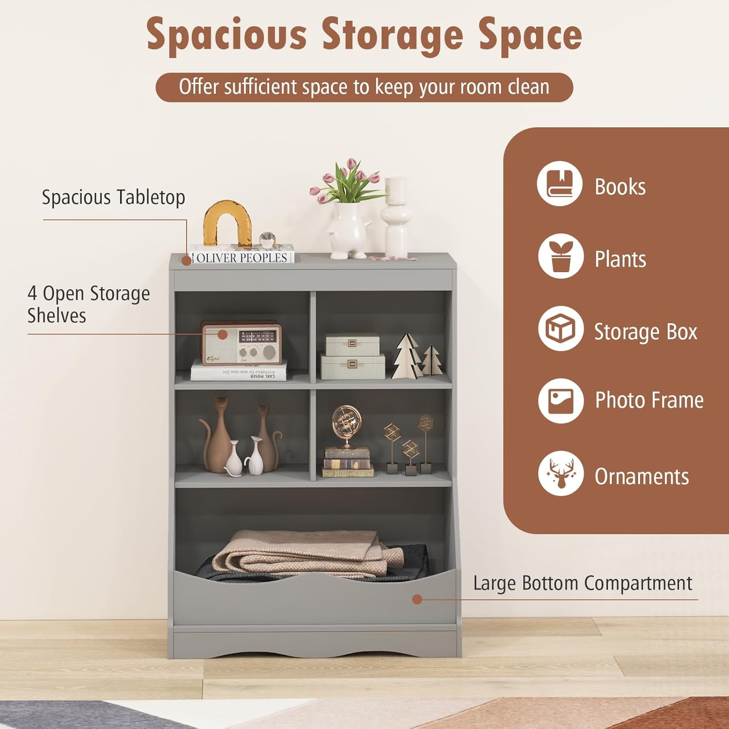 LINJH Storage Cabinet, Small Bookshelf, Short Bookcase with 4 Open Cube & Bottom Compartment, Anti-Tipping Device, Foot Pads, Cubby Storage Organizer for Study, Living Room-Grey