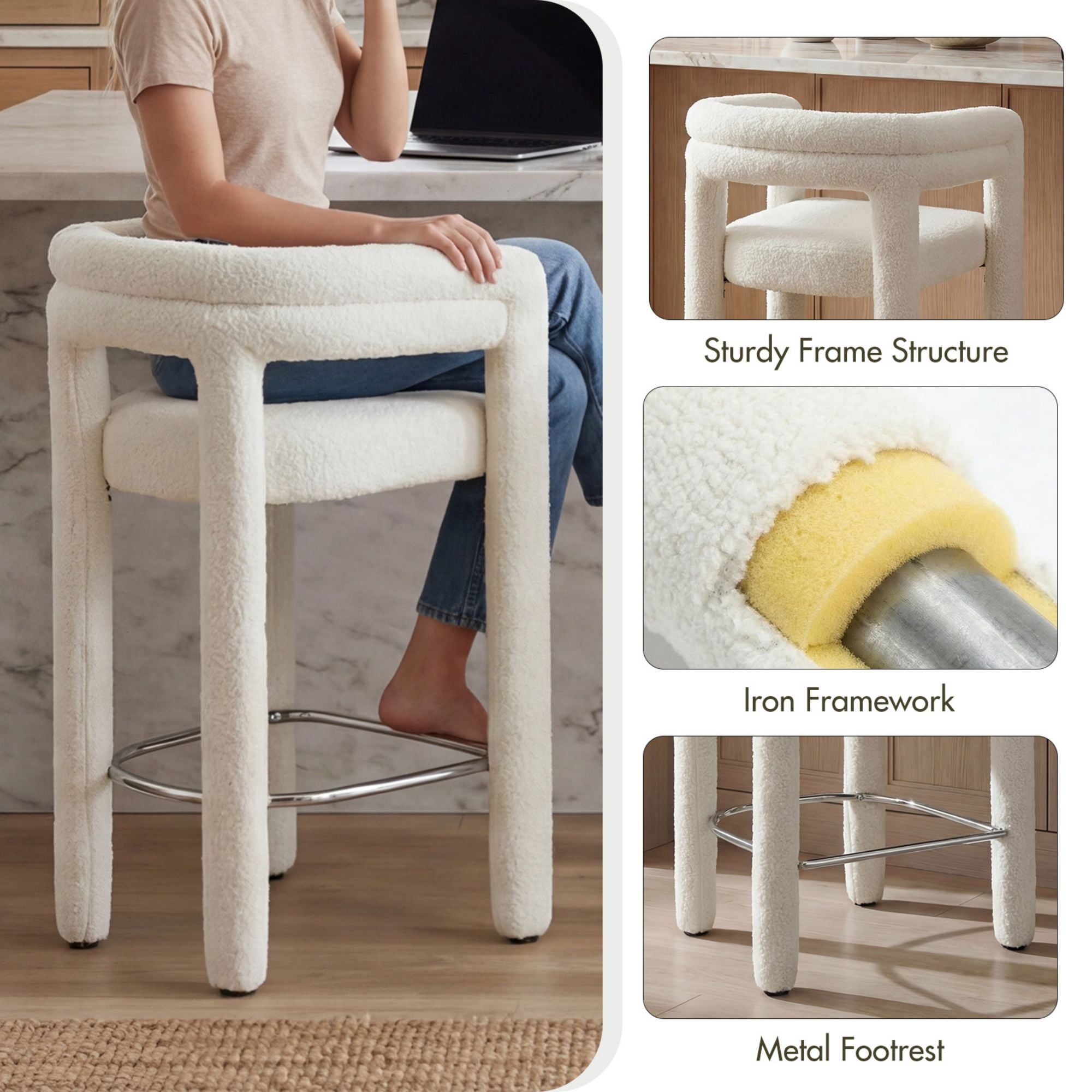 Dayalane 26" Counter Height Bar Stools Set of 1, Modern Sherpa Barrel Barstools with Back and Armrests, Stainless Steel Footrest for Kitchen Island, White