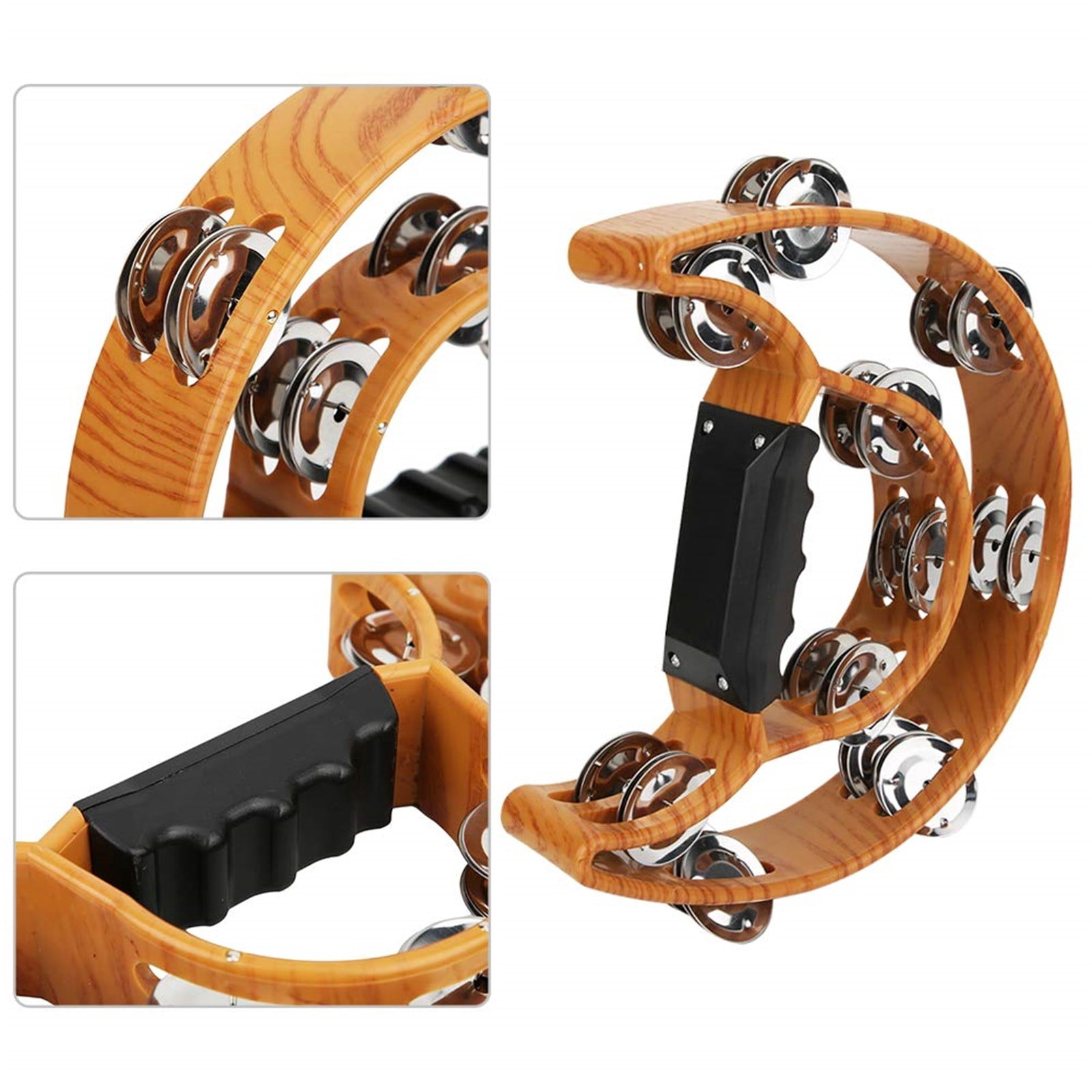 Double Row Jingles, 2025 Half Moon Musical Tambourine Double Row Handbell Tambourine Metal Jingles with Ergonomic Grip Percussion Instrument for KTV Party , Imitation Wood Color