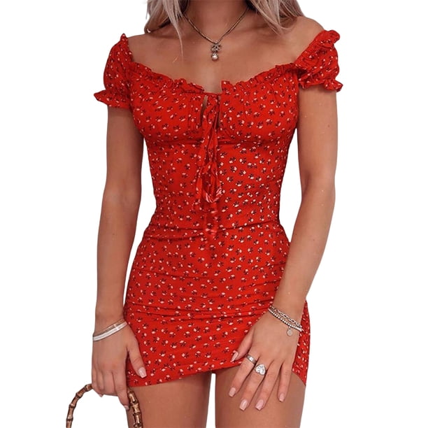 SAYOO Mini vestido de club de manga corta con hombros descubiertos para mujer SAYOO Sexy