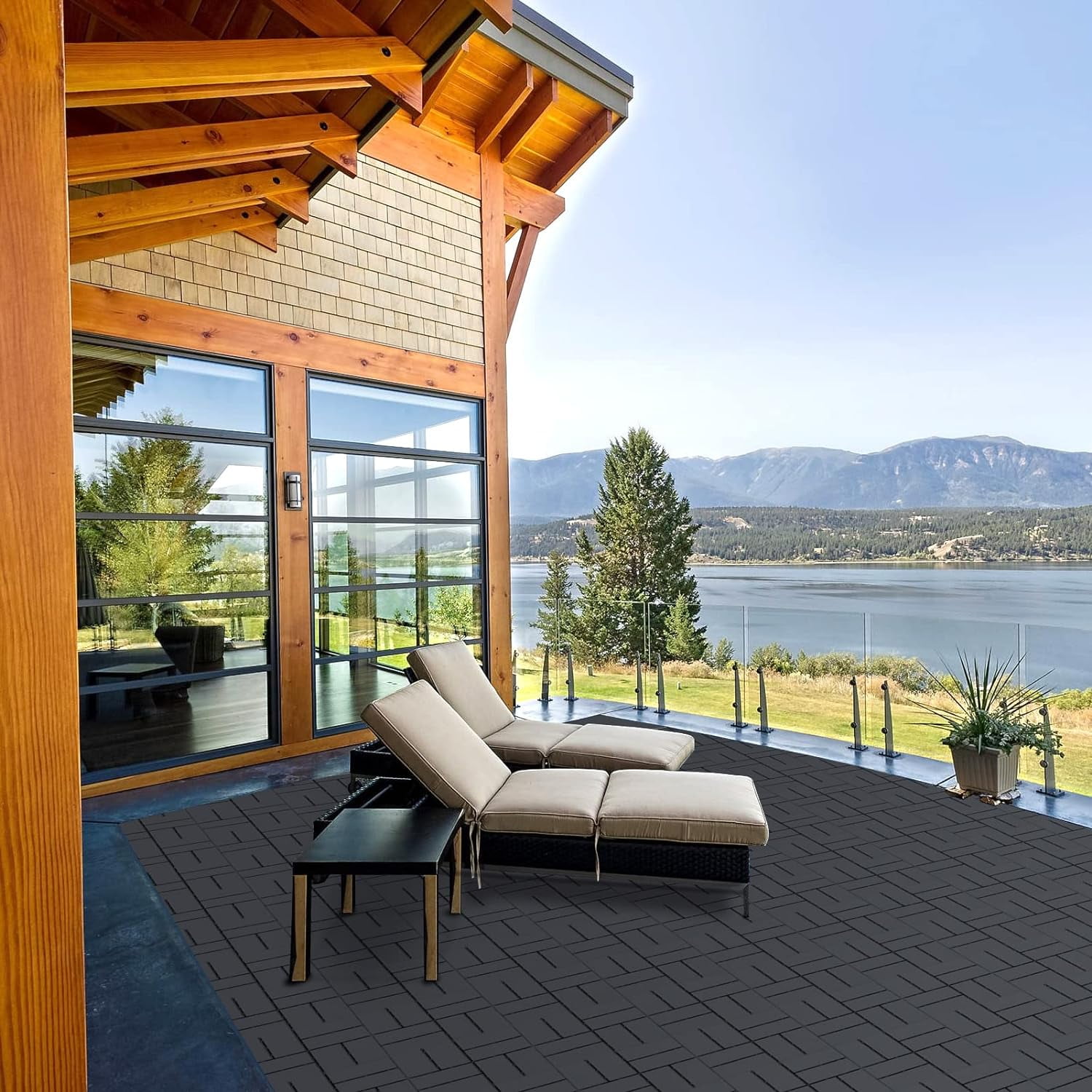 Miniyam Interlocking Deck Tiles, 44 Packs 11.8"x11.8" Waterproof Patio Floor Decking Tiles for Porch Poolside Balcony Backyard, All Weather Use, Gray(Overlapping)