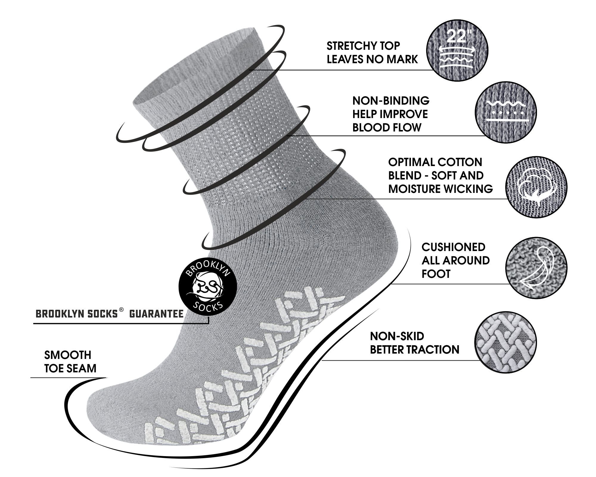 60 Pairs of Non-Skid Diabetic Ankle Cotton Socks with Non Binding Top, Brooklyn Socks Health Collection, Wholesale Bulk Value Pack (Gray, Fit Men's Shoe Size 10-12)