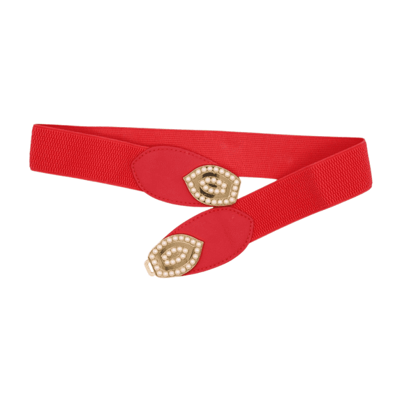 New Women Coral Elastic Band Belt Hip Waist Gold Metal Eye Buckle Pearl Beads S M