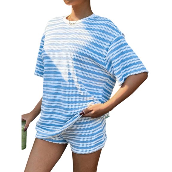 Womens Geometric Stripe Short Sleeve T-Shirt and Shorts Loungewear Set Light Blue XL