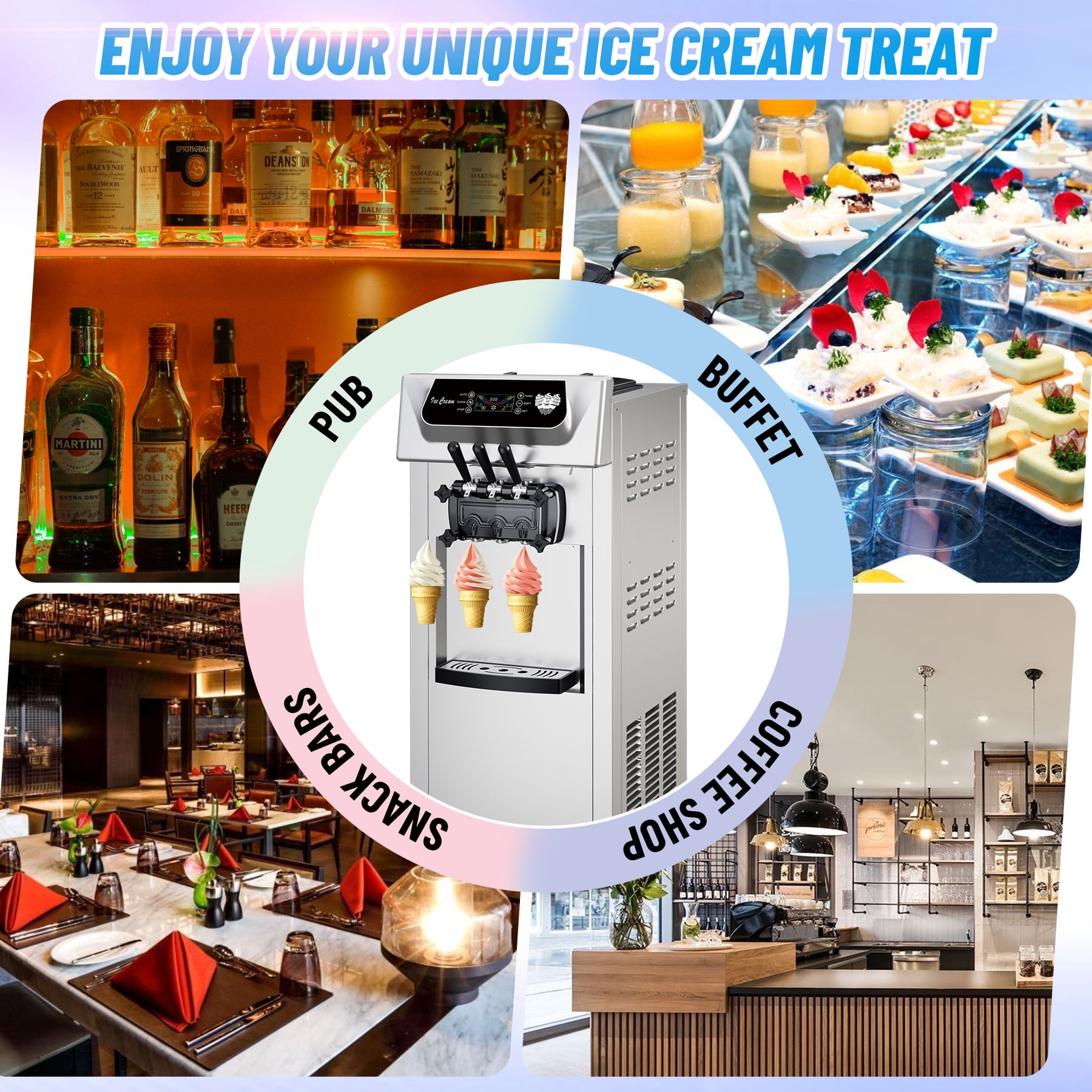 Roromall Commercial Ice Cream Maker for Home Snack Bar, 5.3 to 7.4 Gal/H Soft Serve Ice Cream Machine with Smart Control Panel, Automatic Cleaning, 2+1 Flavor 2200W