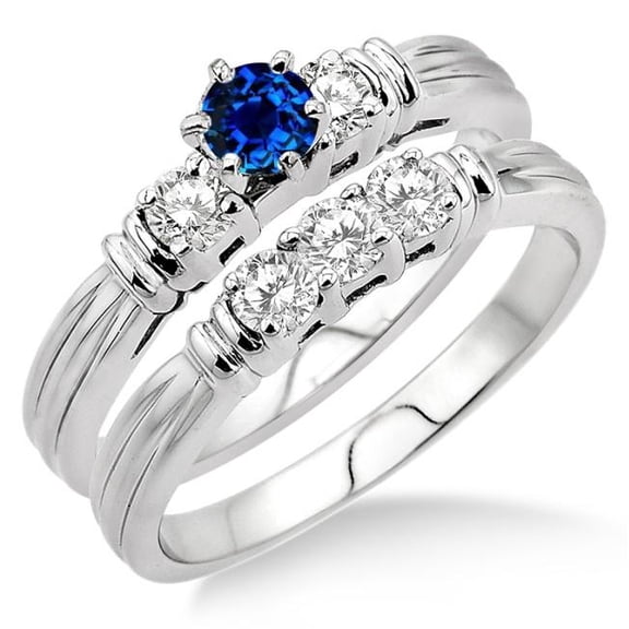 Classic Art Deco 6mm Round Cut 1.50 Carat Blue Sapphire And Moissanite Diamond Engagement Ring Three Stone Bridal Set on 10k White Gold