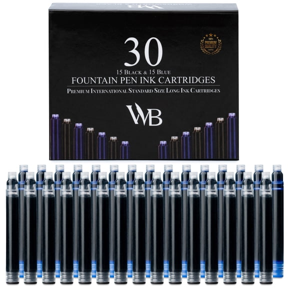 Wordsworth & Black Fountain Pen Ink Refills, 15 Black - 15 Blue Ink Cartridges, Int. Standard Size