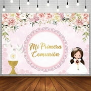 Baptism Backdrop for Girl Mi Primera Comunion Christening Photography Background God Bless First Holy Communion Banner Chalice Doves Pink Floral Lace Party Decorations Photoshoot Props