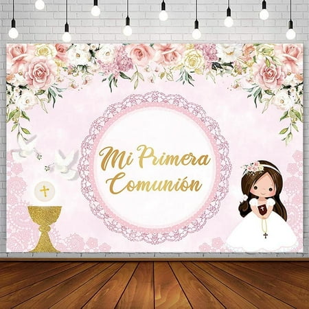 Baptism Backdrop for Girl Mi Primera Comunion Christening Photography Background God Bless First Holy Communion Banner Chalice Doves Pink Floral Lace Party Decorations Photoshoot Props