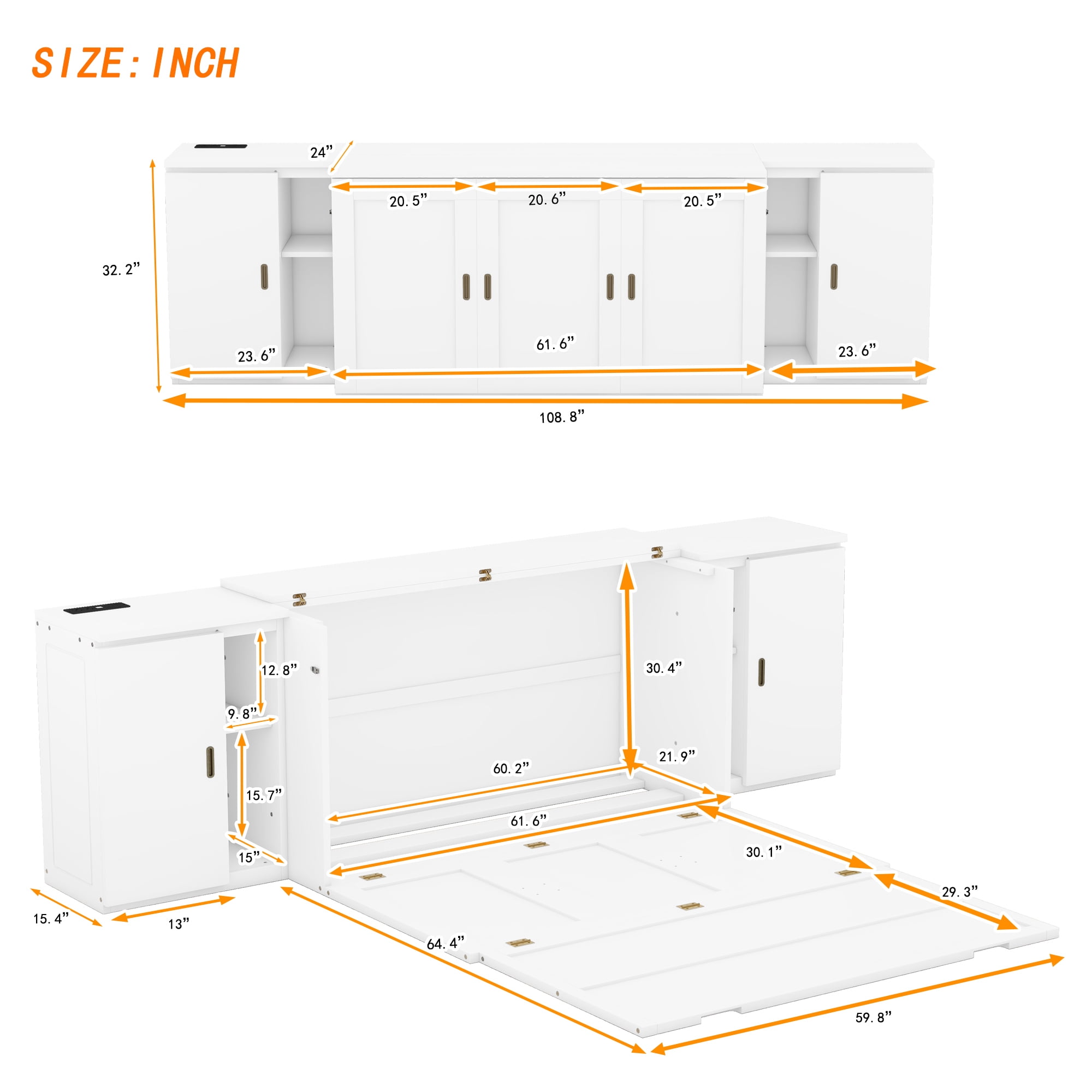 Euroco Wood Queen Size Murphy Bed with USB Charging Station, Convertible Floor Bed with Shelves for Kids Adult, White