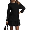 thumbnail image 3 of Robe Chandail en Tricot Torsadé pour Femmes, Col Ras du Cou, Manches Longues, Mini-Robe Plissée, Style Deux-en-un, Robe Patchwork, Noir, P, 3 of 8