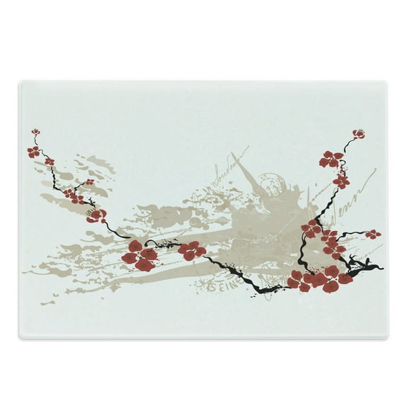 Flower Cutting Board, Illustration of Sakura Flowers on Grunge Background with Soft Pastel Colors, Decorative Tempered Glass Cutting and Serving Board, Large Size, Beige White Red, by Ambesonne
