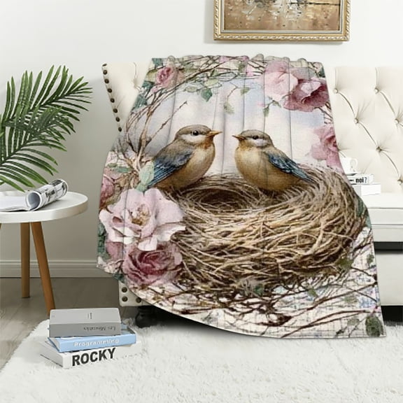 Autua Birds Nest Flowers Warm Lightweight Blanket Soft Fleece Blankets Throw Blanket for Living Rooms Sofa Decor Cow Gifts All Seasons 40x50in