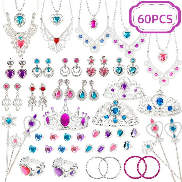 yeacher 60-Piece Girls' Pretend Play Jewelry Set with Crown, Wand, Earrings, Necklace, and Rings - Assorted Colors (SP03-1)