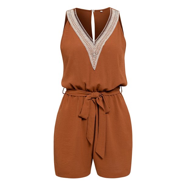 Gibobby Pantalones cortos Casual Encaje Cuello en V Color sólido Sin mangas Mono Gasa Verano Pantalones cortos Playa Playa Pantalones casuales(Chocolate, L)