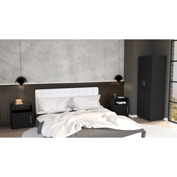 Newboti Furniture 3 Piece Bedroom Set, London Armoire   2 Omaha Nightstands, Black 0024